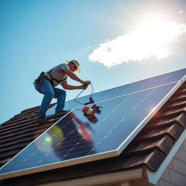 Installateur posant des panneaux solaires sur un toit